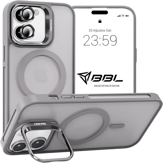 Babilden iPhone için Kılıf Kamera Korumalı Magsafe Wireless Şarj Özellikli Mat Şeffaf Renkli Standlı Kılıf (Lens Hediyeli) (Gri, iPhone 11)