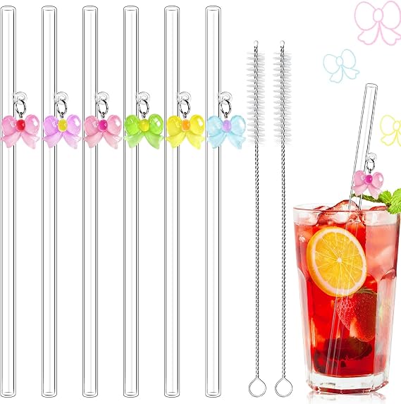 6 Pack Reusable Glass Straws with Cute Bow Charms Clear Shatter Resistant Drinking Straight Straw with 2 Cleaning Brushes Party Favors Gifts for Smoothies Juice Milkshakes Cocktail