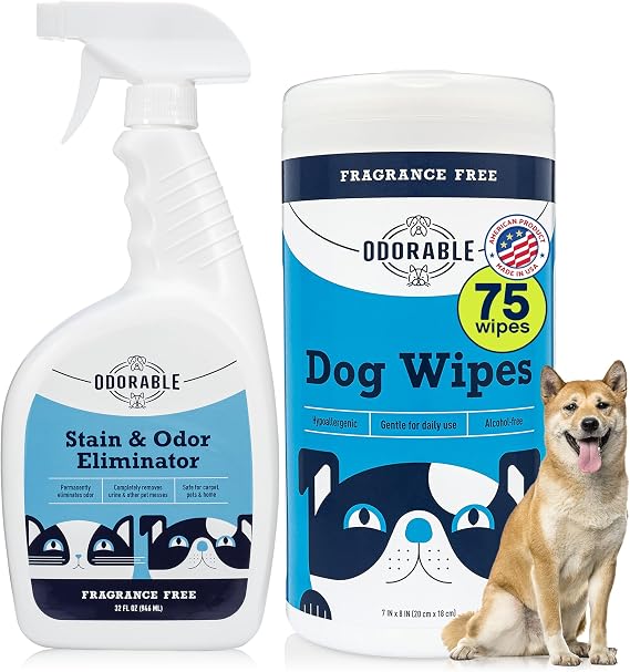 Dog Lover's Bundle - Pet Stain & Odor Eliminator Spray, Allergy-Sensitive Dog Grooming Wipes, Efficient Urine and Poop Cleaner, Pet-Friendly, Fragrance-Free, Multipurpose Deodorizer