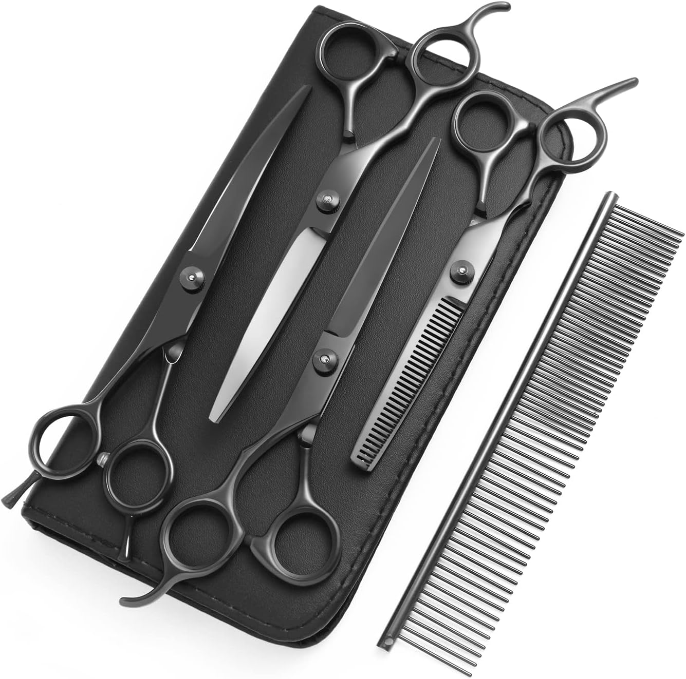 8.0 in 9CR Titanium Professional dog grooming scissors set,Grooming Scissors for Dogs Cats,Pet nail clippers,Shears, Straight,Curved,Thinning Shears,Comb for Full Body,Face, Nose,Ear,Paw