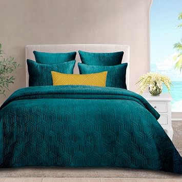 Querencia 5 Pieces Teal Comforter Set Queen - Velvet Quilt, Teal Bedspread and 2 Sham, 2 Euro Shams, Dark Blue-Green Coverlet, Bed Spread, Coastal Bedding, Embroidered Geometric (Full/Queen, 26 x 26)