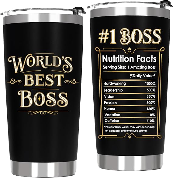 Worlds Best Boss Appreciation Gifts for Men - Boss Birthday Gift Ideas for Male Insulated Stainless Steel Travel Coffee Tumbler 20 OZ Black