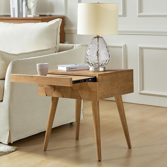 HULALA Home End Table with Charging Station, Side Table with Drawer and Pull-Out Shelf, Nightstand Bedside Table with USB Ports and Outlets, Seadrift