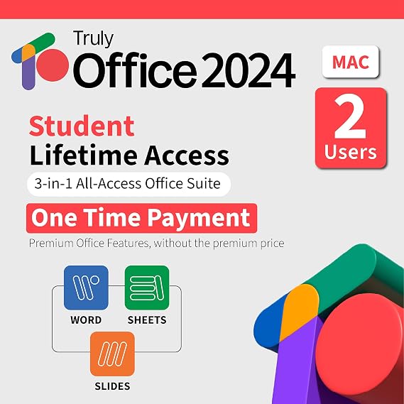 TrulyOffice 2024 Student Lifetime License for Mac | 3 in 1 All Access TrulyOffice Suite | Words, Sheets, Slides | 2 Users | Physical Activation Card