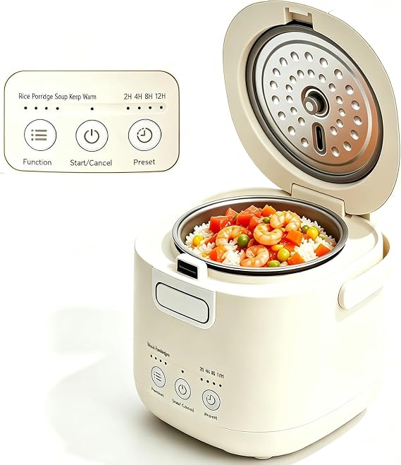 Rice Cooker Small Mini Rice Cooker 2 Cups Uncooked Portable Rice Maker | with Non-Stick Coating,12-Hour Timer Delay & Auto Keep Warm & One-Touch for Dorm Office Travel 1-2 Person (Beige)