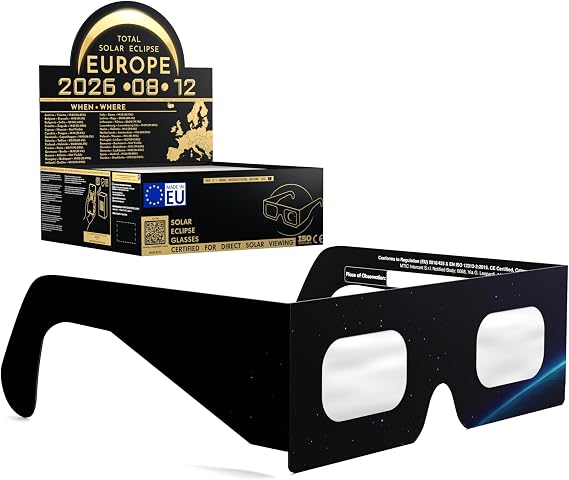Solar Eclipse Glasses ISO 12312-2 & CE Certified – Safe Solar Viewing for Direct Sun & August 2026 Eclipse | Paper Cardboard Frame, Made in EU | For Kids & Adults
