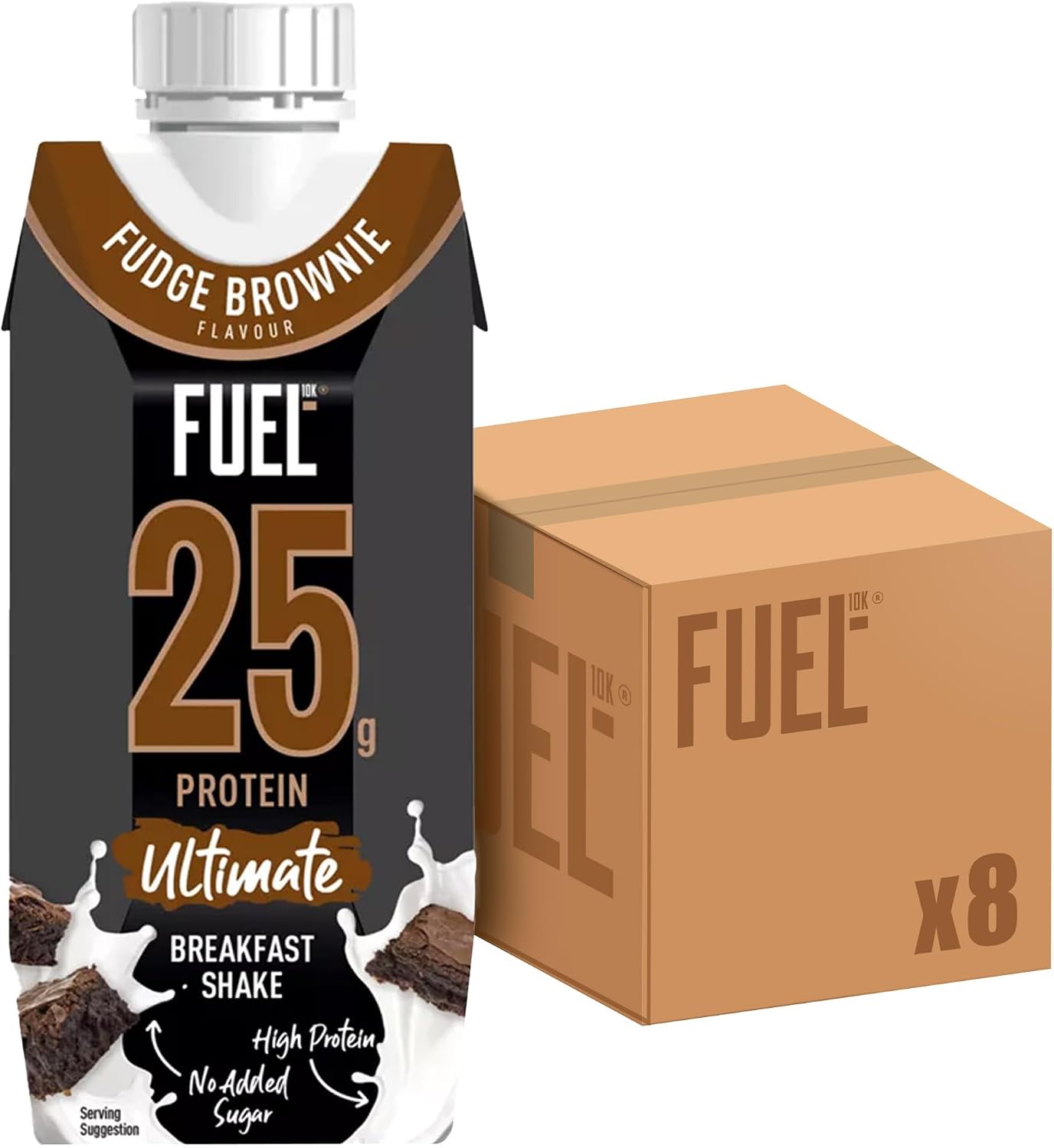 FUEL10K Fudge Brownie 25g High Protein Breakfast Shake Drink, 330 ml Pack of 8
