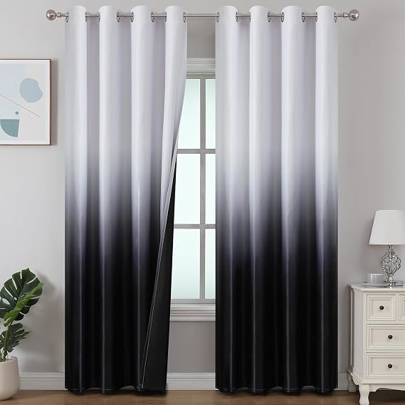 Ombre Black Greyish White Blackout Curtains for Living Room 52x84 2 Panels