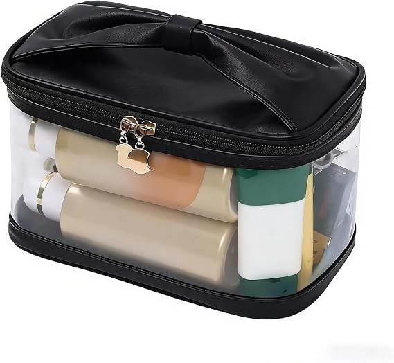 Large Clear Makeup Bag with Handle, Waterproof Transparent Cosmetic Organizer - Big Toiletry Pouch for Travel & Daily Use - Ideal for Women, Girls to Store Skincare, Beauty Essentials(Black