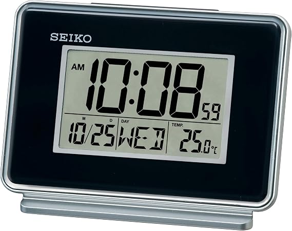 Seiko LCD Dual Alarm Calendar Clock, Plastic, Black