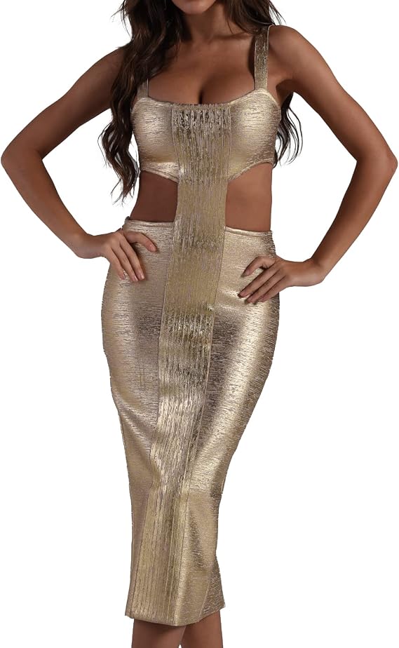 BELLA BARNETT Midi Metallic Cocktail Dress Gold Bandage Dress Trendy Cutout Dress Spaghetti Strap Sexy Dress