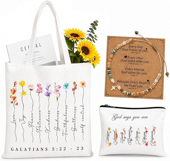 TUZELIYA Christian Gifts for Women, Cross Bracelet & Bible Bags for Women Inspirational Gifts, 3 Pcs Faith Spiritual Christian Basket for Mom Sister Best Friend Coworker