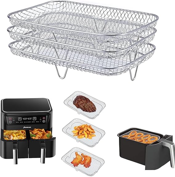 3 Layer Rectangle Air Fryer Rack Roasting Rack Fryer Cooling Tray Stackable Dehydrator Racks Rectangle Airfryer Basket Tray Mesh Roasting Racks Airfryer Accessories (Rectangle)