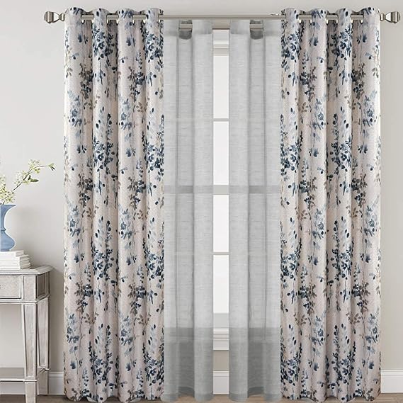 H.VERSAILTEX Blackout Linen Curtains (Bluestone/Taupe, 2 Panels) Bundles Natural Linen Sheer Curtains (Grey, 2 Panels), 52x84 - Inch