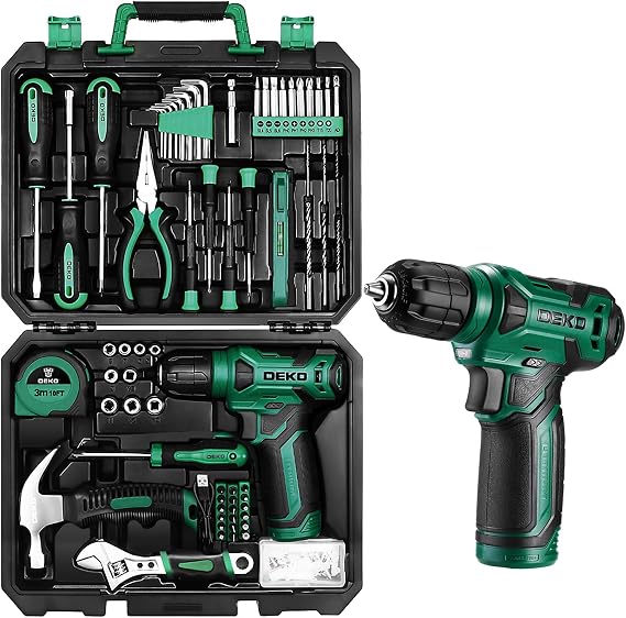 Tool Kit: DEKO Drill Set with Cordless Drill, Tool Kit Set Box, DIY Hand Tools for Men and Home, with 8V Electric Drills,126 Piece (Green)