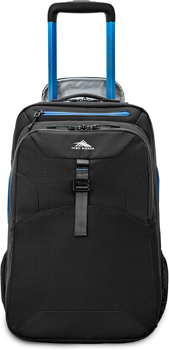 High Sierra Hi-Life 3-in-1 Convertible Wheeled Backpack - Features Removable Daypack, Stack-It Strap, Adjustable Handle, Fleeced Pocket For Scratch Protection, Dual Water Bottle Pockets - Black/Blue
