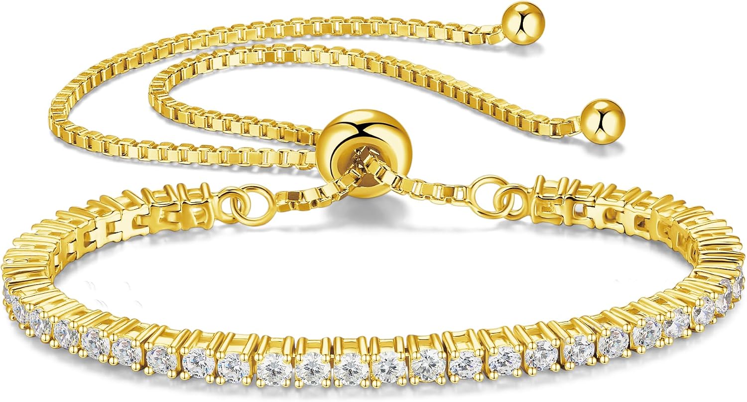 FANCIME Gold Moissanite Tennis Bracelet 1.2ct-12ct Lab Created Moissanite Diamond Bracelets,925 Sterling Silver Adjustable Bolo Tennis Bracelets, 2345mm D Color VVS1 Round Cut Moissanite Bracelet for Women