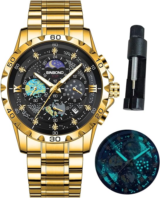 BINBOND Mens Watches Starry Sky Moon Phase Dial Luxury Diamond Business Dress Fashion Classic Casual Date Wrist Watches for Men Waterproof Luminous