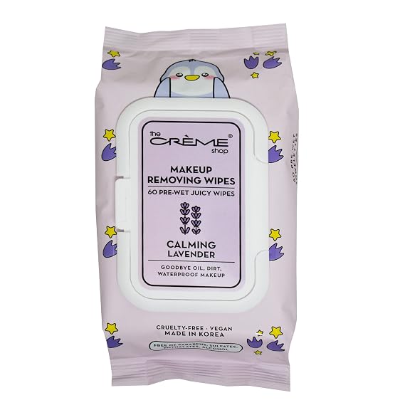 The Creme Shop Juicy Makeup Remover Wipes (60 Pre-Wet Juicy Wipes) | Calming Lavender, Gentle Make Up Remover, Facial Cleansing Wipes, Hydrating Formula