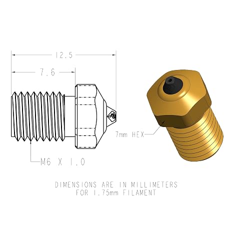 Diamondback Nozzles V6 Compatible Polycrystalline Solid Diamond Tip 3D Printer Nozzles, Improved Extrusion, Any Filament, Long Life, Wear Resistant, Layer Adhesion, USA Made