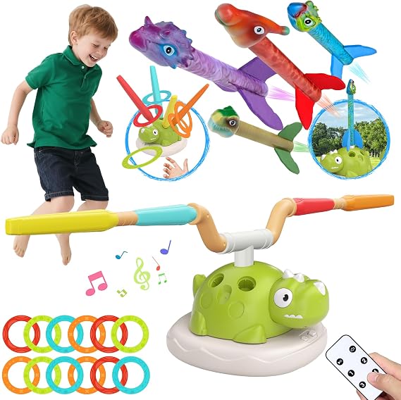 3-in-1 Dinosaur Rocket Launcher for Kids, Outdoor Ring Toss & Jump Game Set