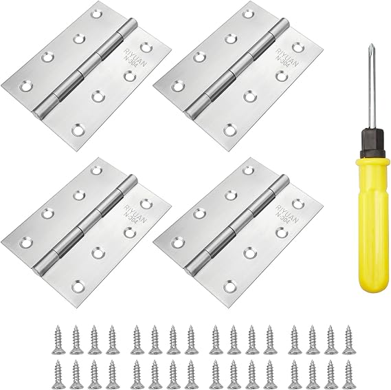 YSDMY 4 Pcs Timber Door Hinges(4Inch),100mm Stainless Steel Garage Goor Hinges, Fold Butt Hinges with Screws and Screwdriver, Perfect Furniture Hardware Accessories for Wood Doors(Thickness 1.3 MM)