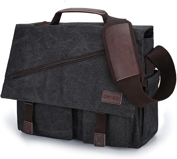 Mens Messenger Bag15.6 Inch Water Resistant Canvas Satchel Casual Laptop Shoulder Bag Briefcase Crossbody Daybag Vintage Bookbag by RAVUO Black