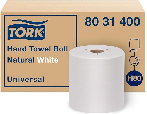 Tork Hand Towel Roll Natural White H80, Universal, 100% Recycled Fiber, 6 Rolls x 800 ft, 8031400, 6 Count (Pack of 1) | Compatible with H80 Dispensers, 1-Ply, Universal, 100% Recycled Fiber