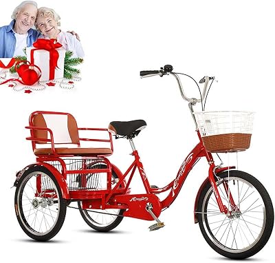 Adult Tricycles - Folding 3 Wheel Bike with Back Seat & Shopping Basket, 20 Three-Wheeled Bicycles Dual Chain Cruise Trike, for WomenSeniorsParents, Maximum Load 386 Lbs,Red