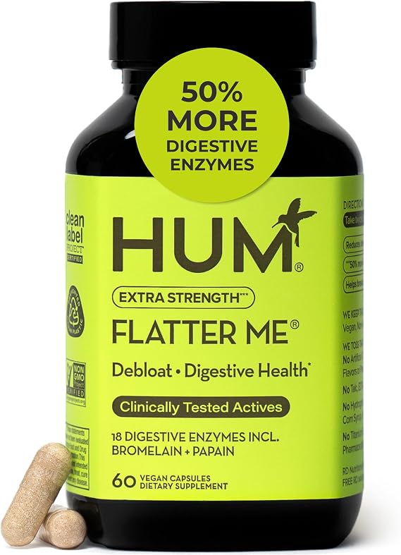 HUM Flatter Me Extra Strength Digestive Enzymes, Bloating Support, 60 Count | Ginger, Peppermint Leaf, Multi-Enzyme Formula, Women & Men, Vegan, Non-GMO, 60 Capsules