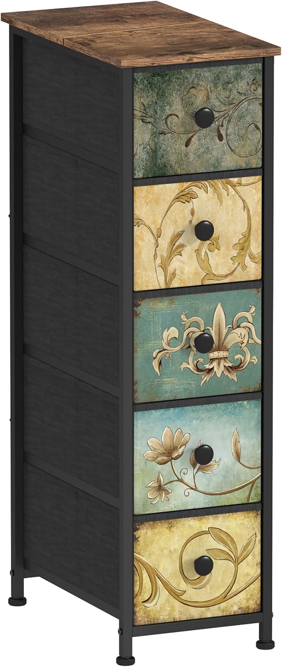 Tohomeor Narrow Storage Cabinet Slim Dresser with Retro Flowers Fabric Drawers Vertical Skinny Cabinet for Small Spaces,Bathroom,Bedroom Closet Nightstand,Entryway Organizer (5 Drawers)
