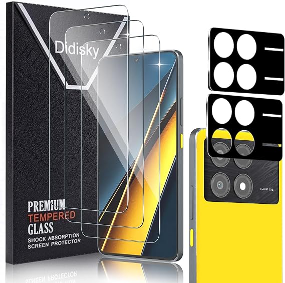 Didisky 3+2 Pack Screen Protector for Xiaomi Poco X6 Pro 5G, 3 Pack Tempered Glass Screen Protector with 2 Pack Camera Lens Protector, 9H,Easy to Install,Scratch-Resistant, HD