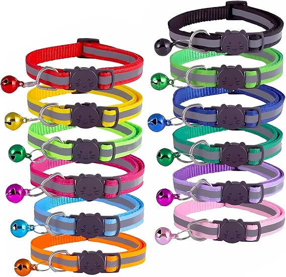 12-Pack Reflective Cat Collar Breakaway with Safety Elastic Band - Adjustable 7.5-12.5 Inch Lightweight Collar with Bell for Cats and Kittens