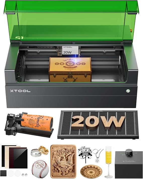 xTool S1 20W Laser Engraving Machine with Air Assisted and Honeycomb Panel and RA2Pro Rotary Base and Elevator Enclosed Safety Design Precise Positioning Auto Focus 600mm/s Engraving Speed Diode Laser 498*330mm Working Area for Laser Cutting Metal, Wood, Leather, Acrylic, Tumbler and More Laser Class 1