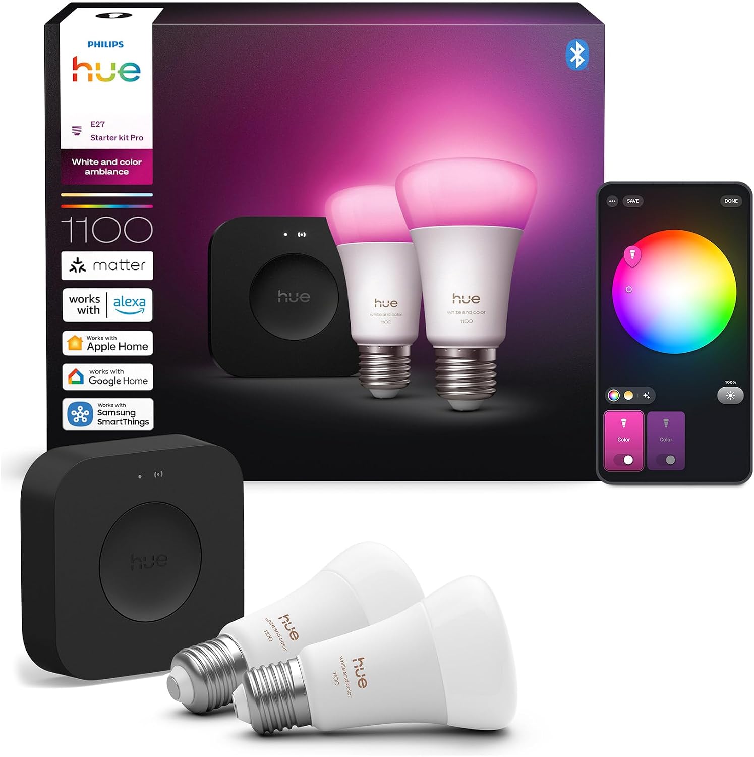 Philips HueWCA 9W E27 Color Smart Bulb 2-Piece Pro Starter Kit Bridge Pro v3 included