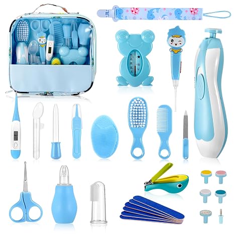 Baby Care Set 28-Piece First Equipment Blue Nail and nose care hair brush comb nail clippers