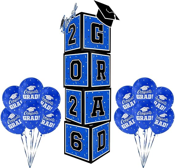 Graduation Decorations 2026 Set - So Proud of You - Class of 2026 Balloon Boxes for Memorable Grad Party Supplies, Indoor/Outdoor Congrats Grad Home Door Decor Essentials(blue and black)