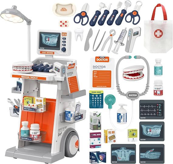 RedCrab Doctor Kit for Kids,33PCS Kids Doctors Play Set with Medical Cart,Stethoscope, Thermometer and Syringe,Dentist Doctor Role Play Toy Gift for Girls Boys 3,4,5,6,7,8+