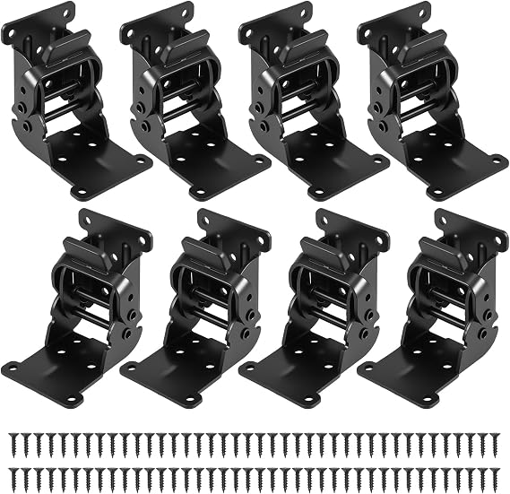 8 Pack 90° Self-Locking Folding Hinges, Heavy-Duty Steel Table Leg Brackets with Screws, Foldable Extension Supports for DIY Tables, Desks, Beds, Workbenches, Black & Silver Options (Black)
