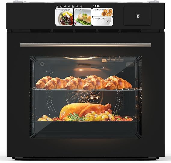 Single Wall Oven 24", Built-in Electric Ovens with Steam&Grill&Air Frying Mode, 3000W, 240V, 2.5Cu.ft Convection Built-in Oven, Stainless Steel, Colorful Touch Screen