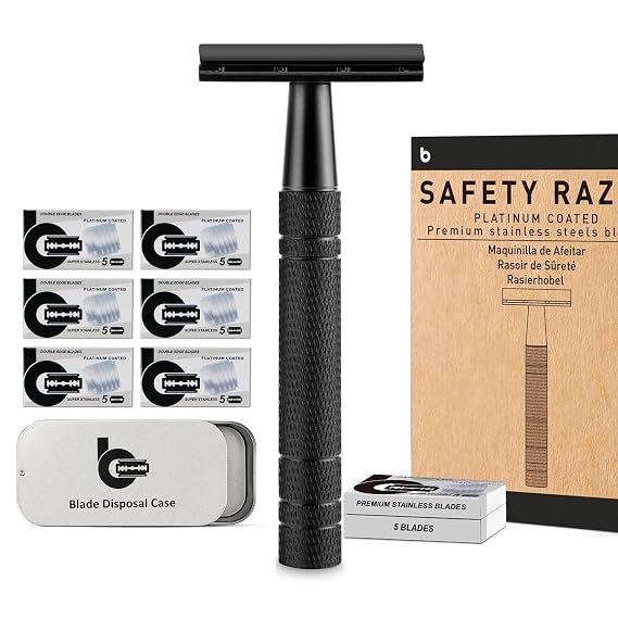 Matte Black Safety Razor with 40 Blades & Container