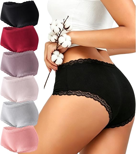 FINETOO Cotton Underwear for Women Sexy Boy Shorts Breathable Cheeky Lace Trim Panties Cheeky Underwear Womens Lingerie