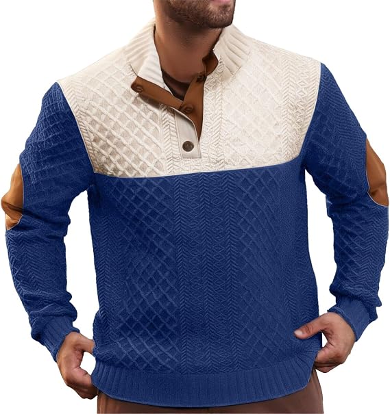 Men's Warm Jacquard Sweatshirt Stylish Quarter Button Textured Pullover Fall Casual Stand Collar Long Sleeve Sweaters