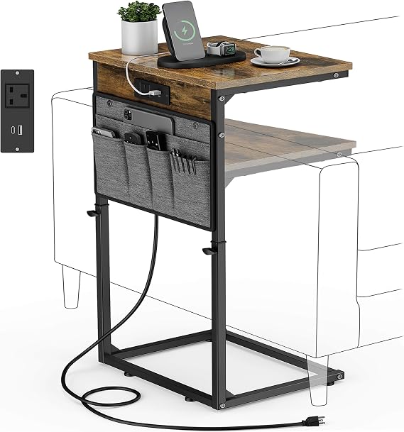 Vagusicc C-Shaped Side Table with Charging Station, Height Adjustable Sofa Side Table, Bedside Table, End Table for Small Spaces, Coffee Table with Metal Frame for Living Room, Bedroom, Rustic Brown