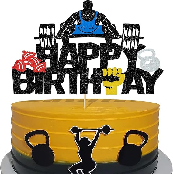 Glitter Weight Lifting Cake Topper Gym Happy Birthday Cake Topper for Boys Girls Adults Fitness Lover's Party Cake Decorations for Athlete Body Builder Cross Fit Sports Birthday Party Supplies