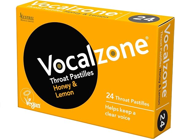 Vocalzone Throat Pastilles Honey & Lemon 24 - For Sore Throats and Hoarseness When Overusing Your Voice. Produced and sold in the United Kingdom since 1912