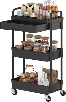 Dttwacoyh 3-Tier Rolling Cart，Trolley with Drawer, Multifunctional Storage Organizer with Plastic Shelf & Metal Wheels, Kitchen Storage Cart for Living Room, Kitchen, Office, Bathroom, Black