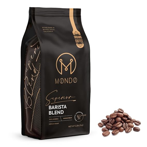 Mondo Whole Bean Coffee 2.2 lbs USDA Organic, 100% Arabica, Medium Roast, Superior Barista Blend, Non-GMO, Kosher Small Batch Roasted for Espresso or Drip Brewing