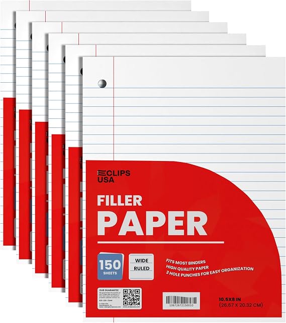 Wide Ruled Loose Leaf Paper Wide Ruled Notebook Paper Lined Writing Filler Paper 10.5 x 8 56 gsm 900 Sheets 150 Sheet Per Pack (6 Pack)
