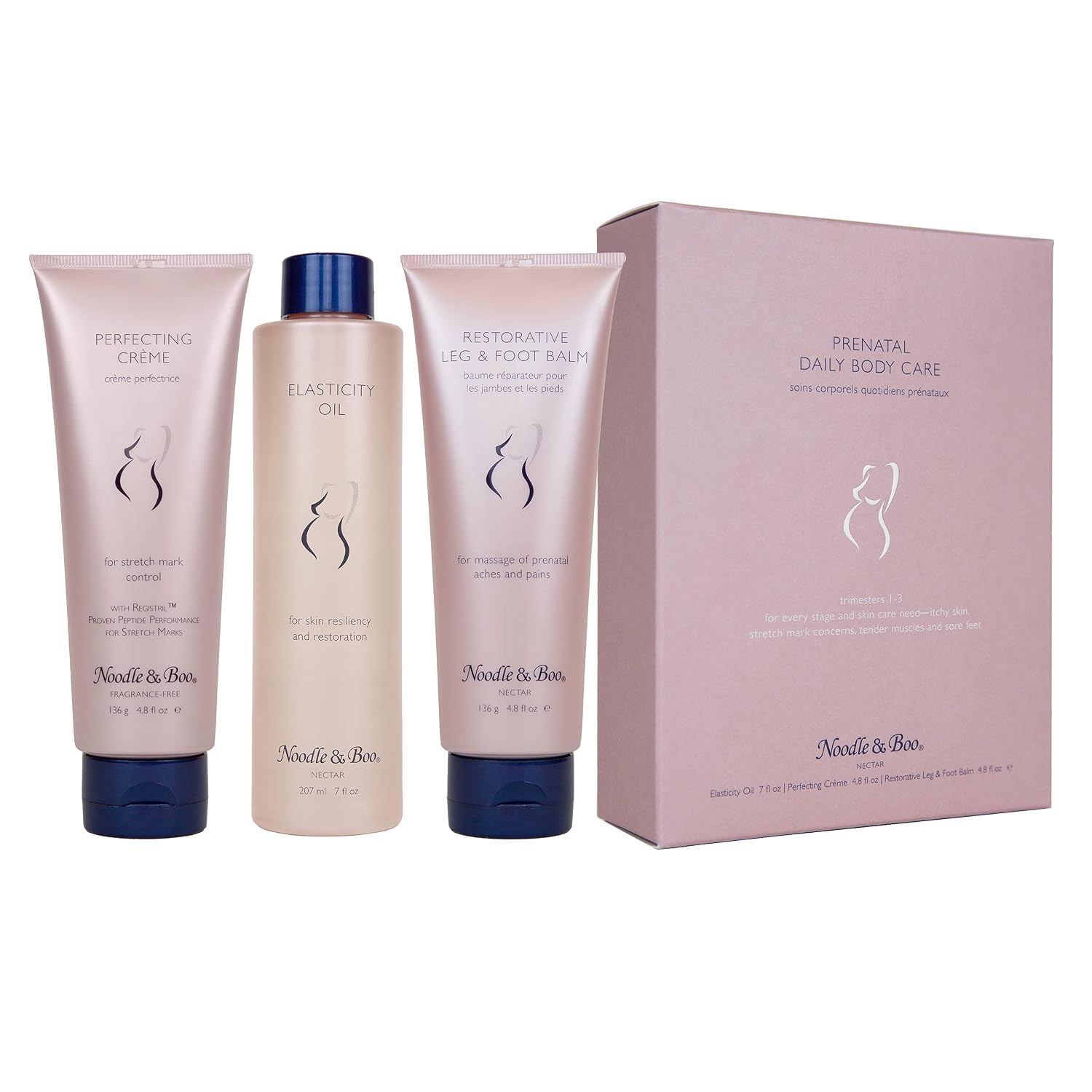Noodle & Boo Prenatal Essential Daily Body Care Kit - Perfecting Crème, Elasticity Oil, Restorative Leg & Foot Balm, Trimester 1-3, 16.6 fl. oz